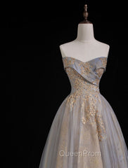 A Line Sweetheart Neck Gray Blue Long Evening Prom Dresses, Gray Court Train Blue Evening Gowns