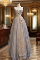 A Line Sweetheart Neck Gray Blue Long Evening Prom Dresses, Gray Court Train Blue Evening Gowns