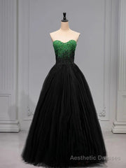 A Line Sweetheart Neck Green Beads Black Tulle Long Prom Dress Evening Dress