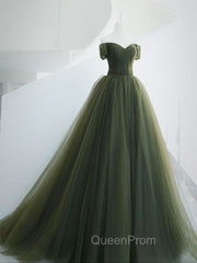 A-Line Sweetheart Neck Green Long Evening Prom Dresses, Sweep Train Green Evening Dresses