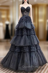 A-Line Sweetheart Neck Lace Black Long Evening Prom Dresses, Black Evening Dresses