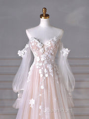 A-Line Sweetheart Neck Long Sleeve Lace Tulle Light Champagne Long Evening Prom Dresses