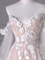 A-Line Sweetheart Neck Long Sleeve Lace Tulle Light Champagne Long Evening Prom Dresses