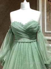 A Line Sweetheart Neck Long Sleeves Green Tulle Long Evening Prom Dresses, Long Green Evening Dresses