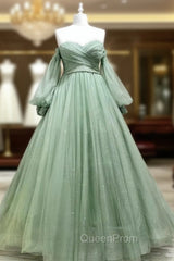 A Line Sweetheart Neck Long Sleeves Green Tulle Long Evening Prom Dresses, Long Green Evening Dresses