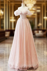 A-Line Sweetheart Neck Off Shoulder Tulle Pink Long Evening Prom Dresses, Pink Long Evening Dresses