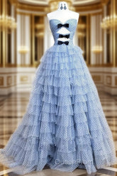 A-Line Sweetheart Neck Polka Dots Tulle Blue Long Evening Prom Dresses, Blue Long Evening Dresses