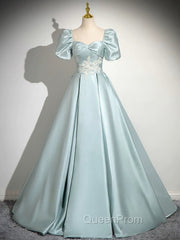 A-Line Sweetheart Neck Puff Sleeves Satin Blue Long Evening Prom Dresses, Blue Long Evening Dresses