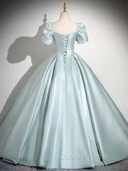 A-Line Sweetheart Neck Puff Sleeves Satin Blue Long Evening Prom Dresses, Blue Long Evening Dresses