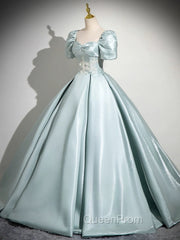 A-Line Sweetheart Neck Puff Sleeves Satin Blue Long Evening Prom Dresses, Blue Long Evening Dresses