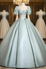 A-Line Sweetheart Neck Puff Sleeves Satin Blue Long Evening Prom Dresses, Blue Long Evening Dresses