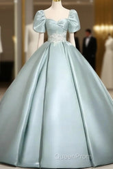 A-Line Sweetheart Neck Puff Sleeves Satin Quinceanera Dresses Blue Long Evening Prom Dresses Elegant Evening Dresses