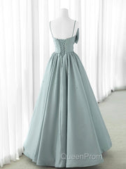 A-Line Sweetheart Neck Satin Beads Blue Long Evening Prom Dresses, Blue Formal Dresses