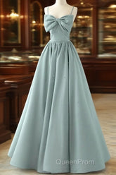 A-Line Sweetheart Neck Satin Beads Blue Long Evening Prom Dresses, Blue Formal Dresses