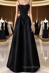 A-Line Sweetheart Neck Satin Black Long Evening Prom Dresses, Black Long Evening Dresses