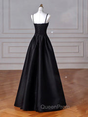 A-Line Sweetheart Neck Satin Black Long Evening Prom Dresses, Black Long Evening Dresses