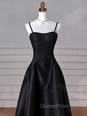 A-Line Sweetheart Neck Satin Black Long Evening Prom Dresses, Black Long Evening Dresses
