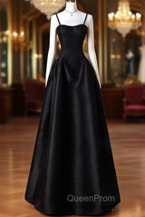 A-Line Sweetheart Neck Satin Black Long Evening Prom Dresses, Black Long Evening Dresses