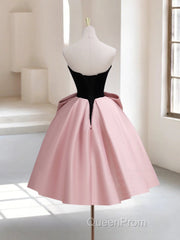 A-Line Sweetheart Neck Satin Black/Pink Short Evening Prom Dresses, Cute Homecoming Dresses