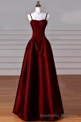 A-Line Sweetheart Neck Satin Burgundy Long Prom Dress, Burgundy Long Formal Dress