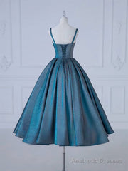 A-Line Sweetheart Neck Satin Tea Length Blue Prom Dress, Blue Formal Dress