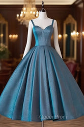 A-Line Sweetheart Neck Satin Tea Length Blue Evening Prom Dresses, Blue Evening Dresses