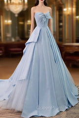 A-Line Sweetheart Neck Satin Tulle Blue Long Evening Prom Dresses, Blue Evening Dresses