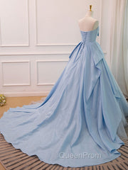 A-Line Sweetheart Neck Satin Tulle Blue Long Evening Prom Dresses, Blue Evening Dresses