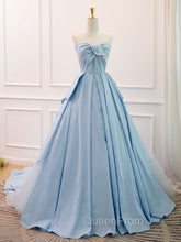 A-Line Sweetheart Neck Satin Tulle Blue Long Evening Prom Dresses, Blue Evening Dresses