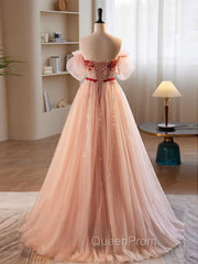 A-Line Sweetheart Neck Sequin Tulle Pink Long Evening Prom Dresses, Pink Evening Dresses