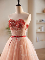 A-Line Sweetheart Neck Sequin Tulle Pink Long Evening Prom Dresses, Pink Evening Dresses