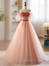 A-Line Sweetheart Neck Sequin Tulle Pink Long Evening Prom Dresses, Pink Evening Dresses