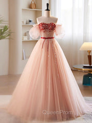A-Line Sweetheart Neck Sequin Tulle Pink Long Evening Prom Dresses, Pink Evening Dresses