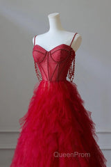 A-Line Sweetheart Neck Tulle Beads Burgundy Long Evening Prom Dresses