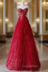 A-Line Sweetheart Neck Tulle Beads Burgundy Long Evening Prom Dresses, Burgundy Evening Dresses