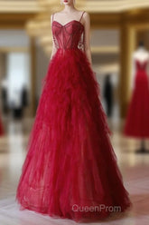 A-Line Sweetheart Neck Tulle Beads Burgundy Long Evening Prom Dresses