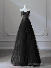 A-Line Sweetheart Neck Tulle Black Long Prom Dress, Black Long Graduation Dress with Beads