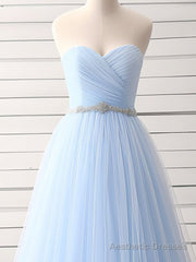 A-Line Sweetheart Neck Tulle Blue Long Prom Dress, Blue Long Bridesmaid Dress