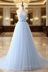 A-Line Sweetheart Neck Tulle Blue Long Evening Prom Dresses, Blue Long Bridesmaid Dresses