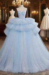 A-Line Sweetheart Neck Tulle Blue Long Evening Prom Dresses, Blue Long Evening Gown
