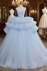 A-Line Sweetheart Neck Tulle Blue Long Evening Prom Dresses, Blue Long Evening Gown