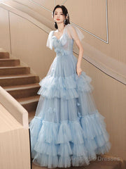 A-Line Sweetheart Neck Tulle Blue Long Prom Dress, Blue Long Formal Dress