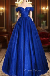 A-Line Sweetheart Neck Tulle Blue Long Evening Prom Dresses, Blue Long Formal Dresses