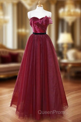 A-Line Sweetheart Neck Tulle Burgundy Long Evening Prom Dresses, Burgundy Long Evening Dresses