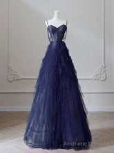 A-Line Sweetheart Neck Tulle Dark Blue Long Prom Dress, Dark Blue Long Graduation Dress with Beads