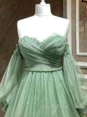 A-Line Sweetheart Neck Tulle Green Long Evening Prom Dresses, Green Evening Dresses