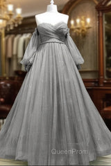 A-Line Sweetheart Neck Tulle Green Long Evening Prom Dresses, Green Evening Dresses