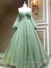 A-Line Sweetheart Neck Tulle Green Long Evening Prom Dresses, Green Evening Dresses