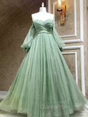A-Line Sweetheart Neck Tulle Green Long Evening Prom Dresses, Green Evening Dresses
