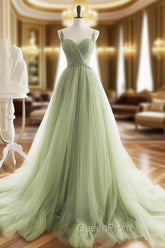 A-Line Sweetheart Neck Tulle Green Long Evening Prom Dresses, Green Long Evening Dresses